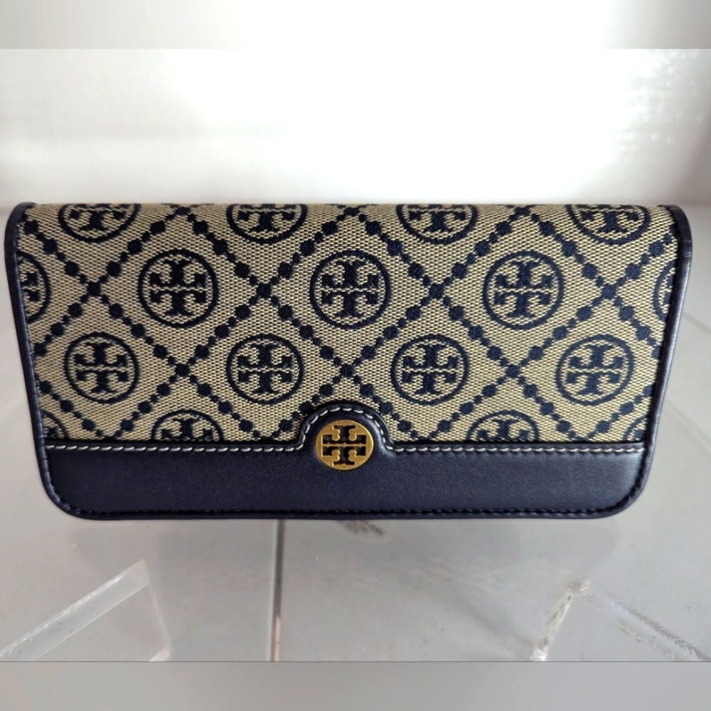 Tory Burch Monogram Navy Zip Slim Wallet Excellent Used Condition